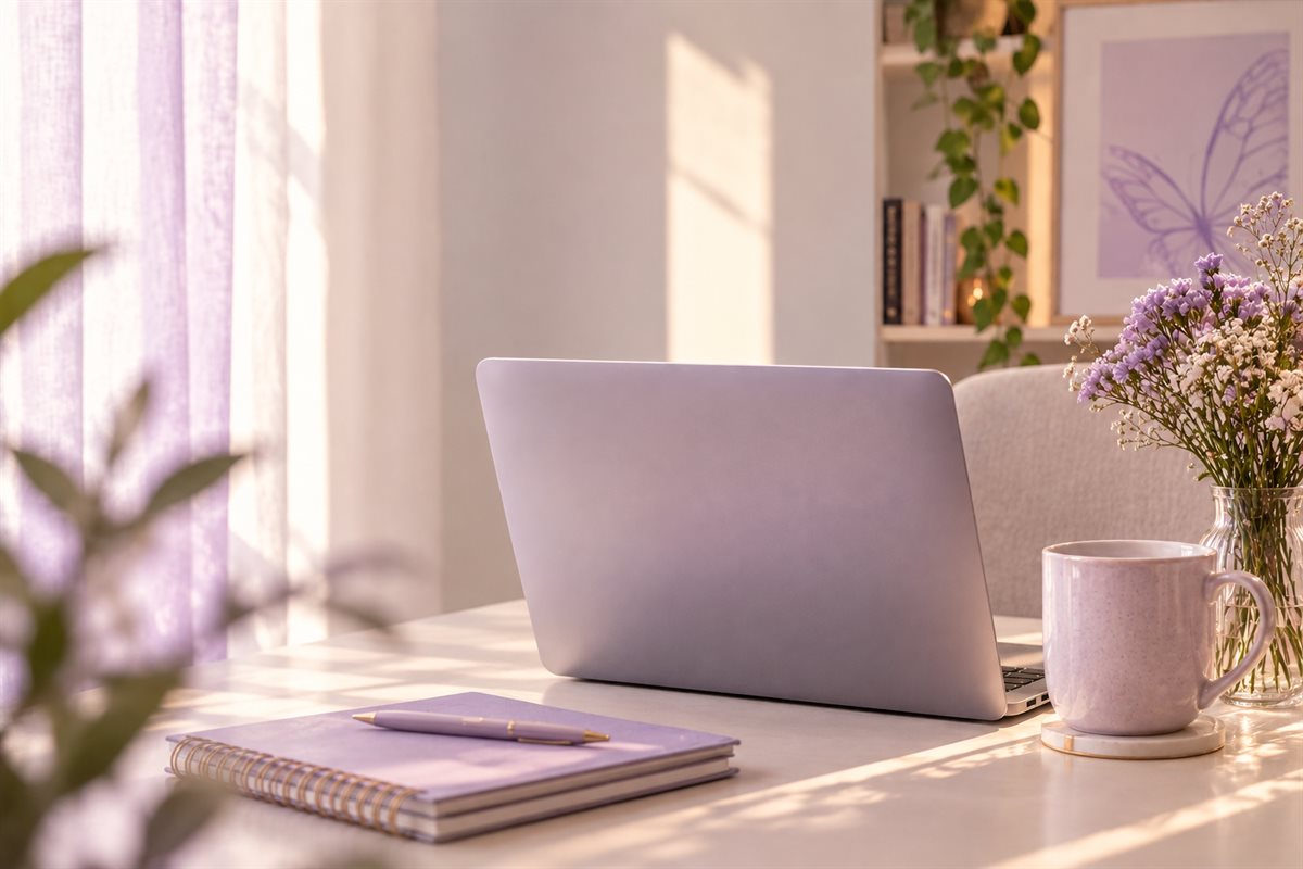 Notebook aberto sobre uma mesa clara, com caderno, xícara e flores lilás ao lado